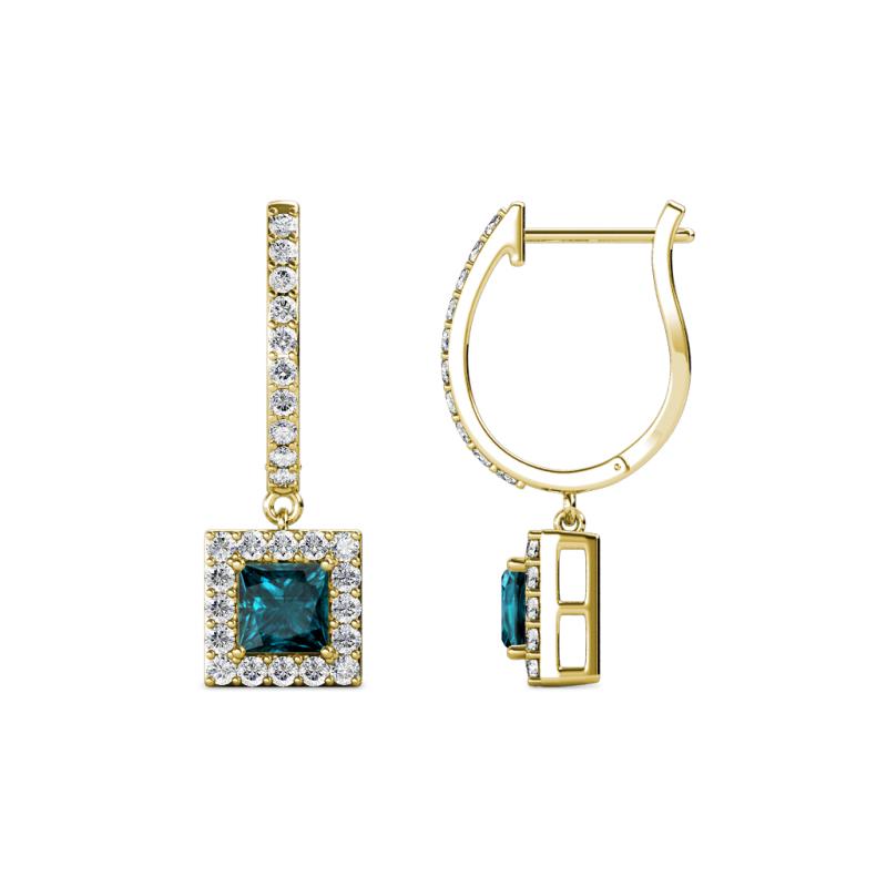 Ilona (4mm) Princess Cut London Blue Topaz and Round Diamond Halo Dangling Earrings 
