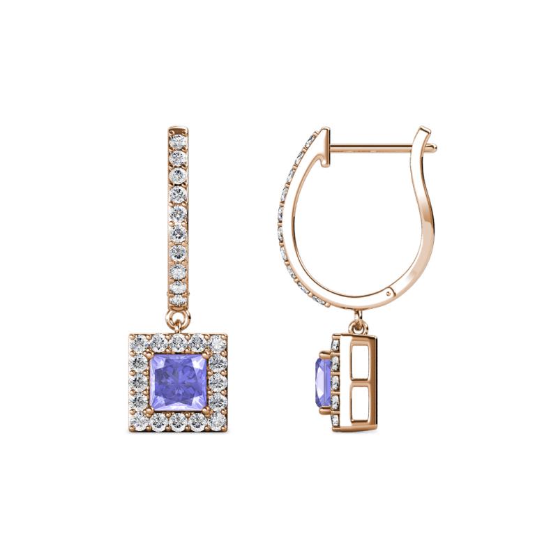 Ilona (4mm) Princess Cut Tanzanite and Round Diamond Halo Dangling Earrings 