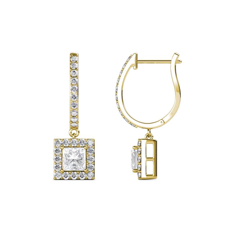 Ilona (4mm) Princess Cut White Sapphire and Round Diamond Halo Dangling Earrings 