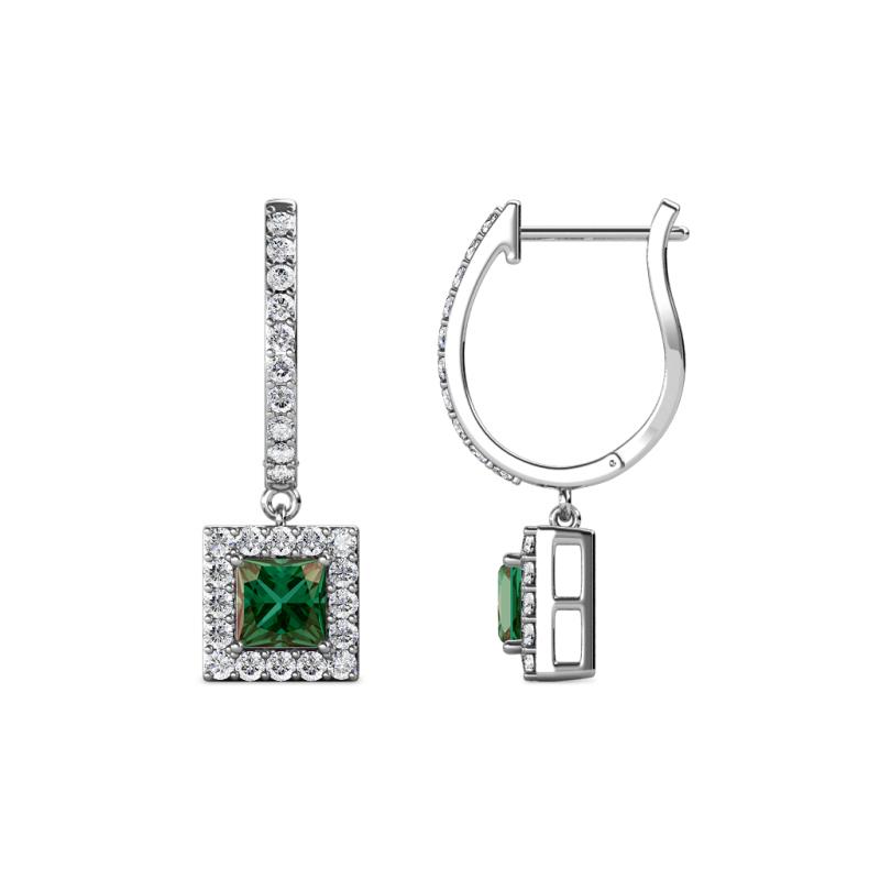 Ilona (4mm) Princess Cut Lab Created Alexandrite and Round Diamond Halo Dangling Earrings 
