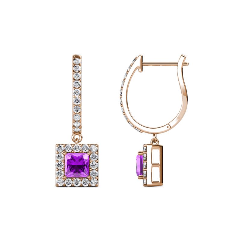 Ilona (4mm) Princess Cut Amethyst and Round Diamond Halo Dangling Earrings 