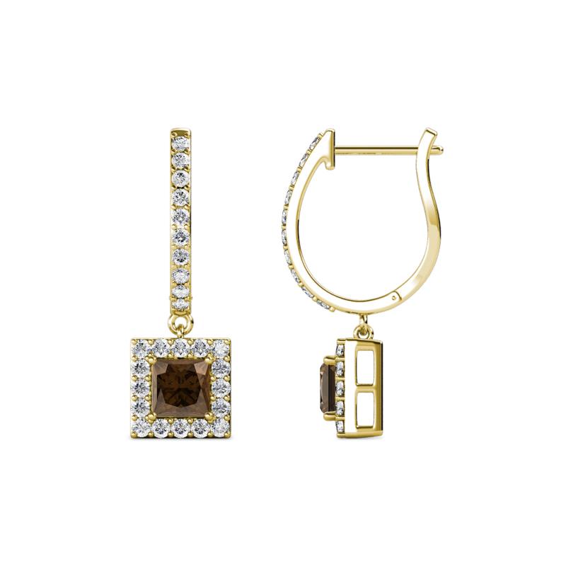 Ilona (4mm) Princess Cut Smoky Quartz and Round Diamond Halo Dangling Earrings 