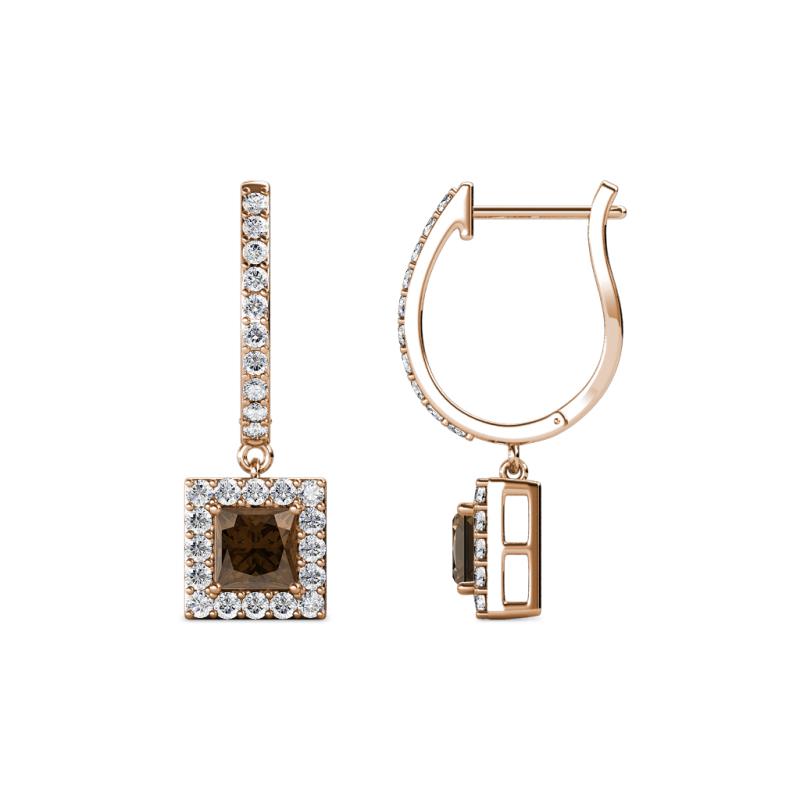 Ilona (4mm) Princess Cut Smoky Quartz and Round Diamond Halo Dangling Earrings 
