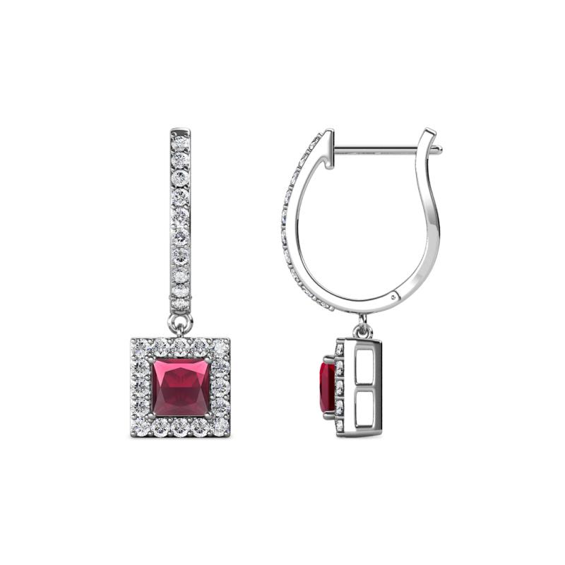 Ilona (4mm) Princess Cut Rhodolite Garnet and Round Diamond Halo Dangling Earrings 