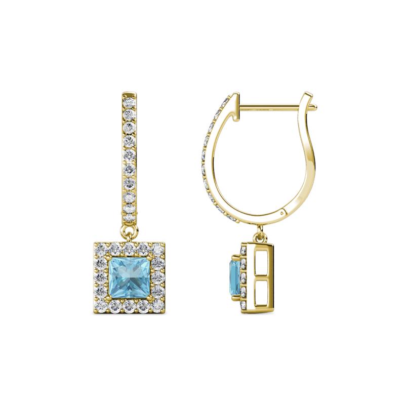 Ilona (4mm) Princess Cut Aquamarine and Round Diamond Halo Dangling Earrings 