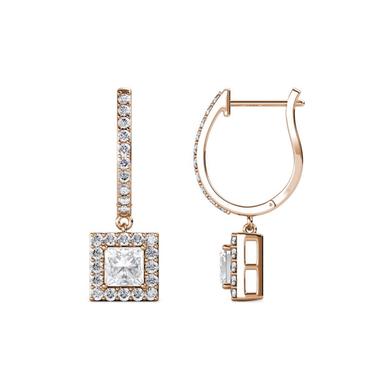 Ilona (4mm) Princess Cut White Sapphire and Round Diamond Halo Dangling Earrings 