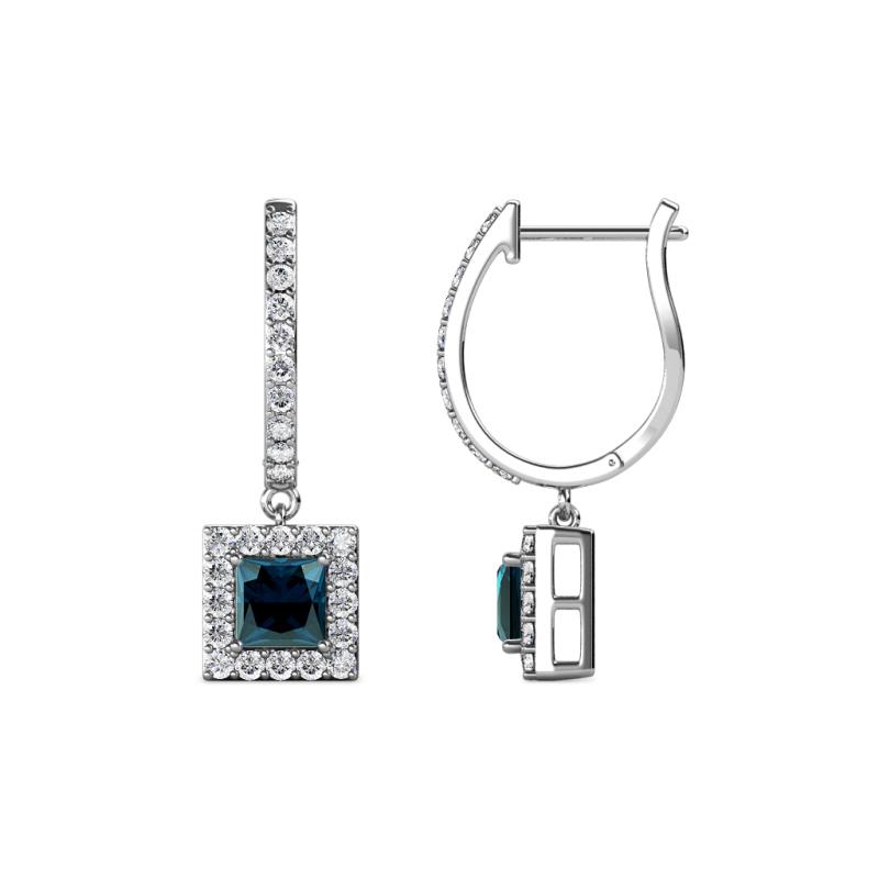 Ilona (4mm) Princess Cut Blue Diamond and Round White Diamond Halo Dangling Earrings 