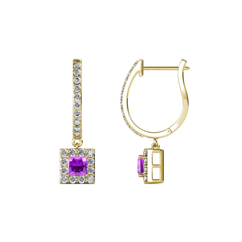 Ilona (3.5mm) Princess Cut Amethyst and Round Diamond Halo Dangling Earrings 