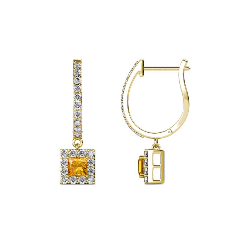 Ilona (3.5mm) Princess Cut Citrine and Round Diamond Halo Dangling Earrings 