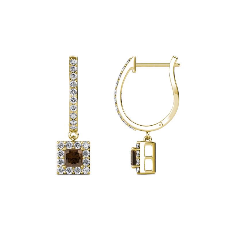 Ilona (3.5mm) Princess Cut Smoky Quartz and Round Diamond Halo Dangling Earrings 