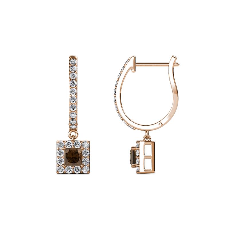 Ilona (3.5mm) Princess Cut Smoky Quartz and Round Diamond Halo Dangling Earrings 