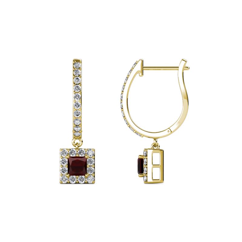 Ilona (3.5mm) Princess Cut Red Garnet and Round Diamond Halo Dangling Earrings 