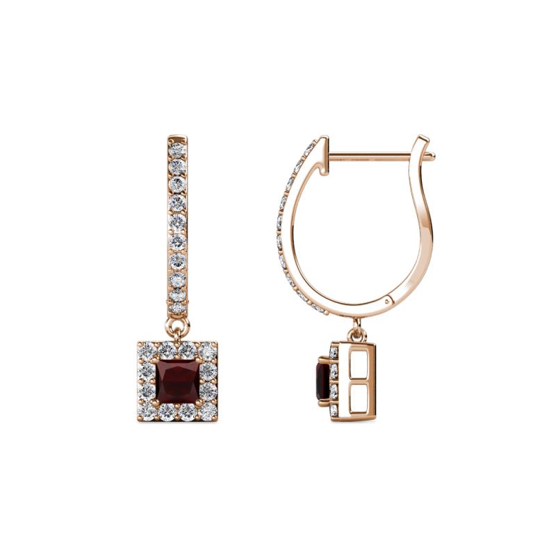 Ilona (3.5mm) Princess Cut Red Garnet and Round Diamond Halo Dangling Earrings 