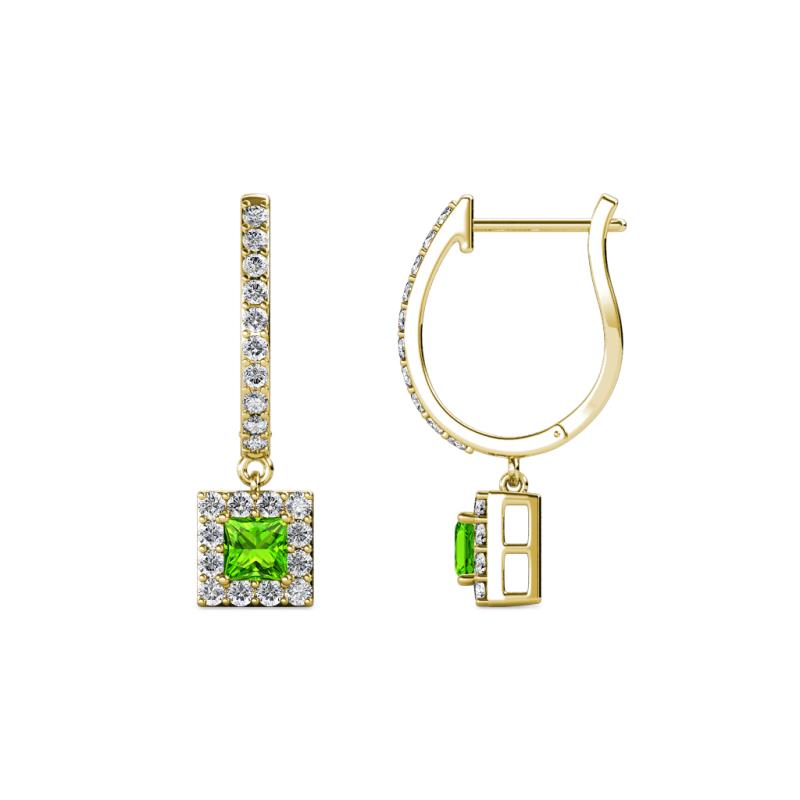 Ilona (3.5mm) Princess Cut Peridot and Round Diamond Halo Dangling Earrings 