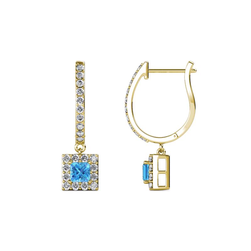 Ilona (3.5mm) Princess Cut Blue Topaz and Round Diamond Halo Dangling Earrings 