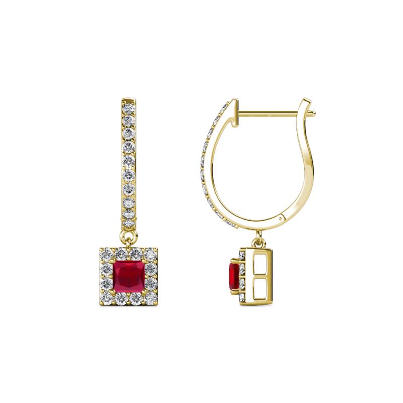 Ilona (3.5mm) Princess Cut Ruby and Round Diamond Halo Dangling Earrings 