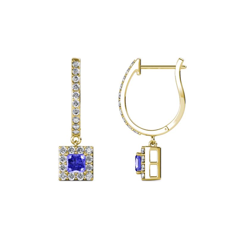 Ilona (3.5mm) Princess Cut Tanzanite and Round Diamond Halo Dangling Earrings 