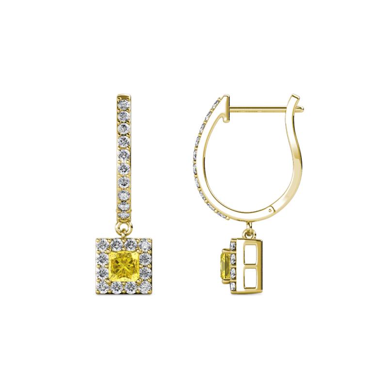 Ilona (3.5mm) Princess Cut Yellow Sapphire and Round Diamond Halo Dangling Earrings 