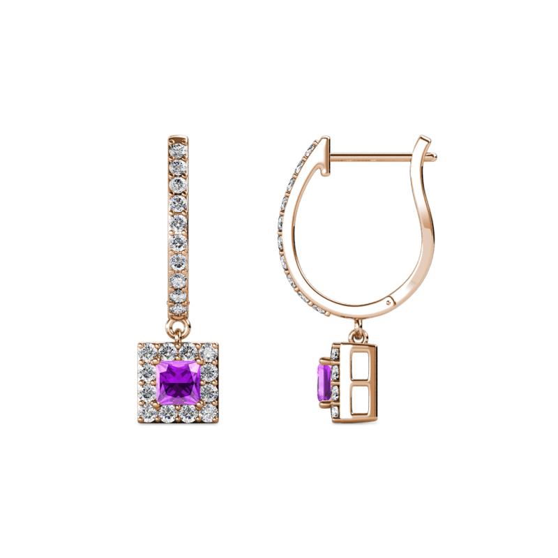Ilona (3.5mm) Princess Cut Amethyst and Round Diamond Halo Dangling Earrings 