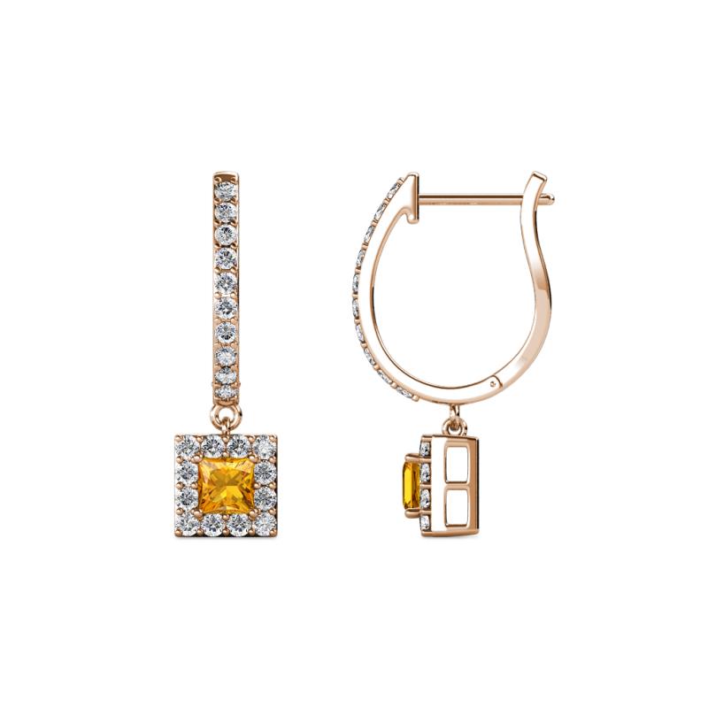Ilona (3.5mm) Princess Cut Citrine and Round Diamond Halo Dangling Earrings 