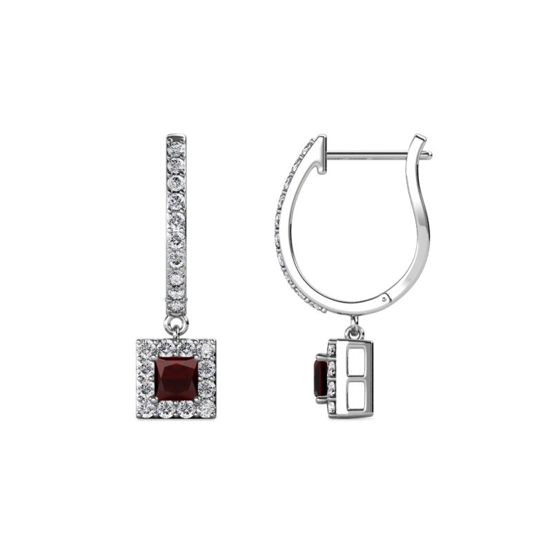 Ilona (3.5mm) Princess Cut Red Garnet and Round Diamond Halo Dangling Earrings 