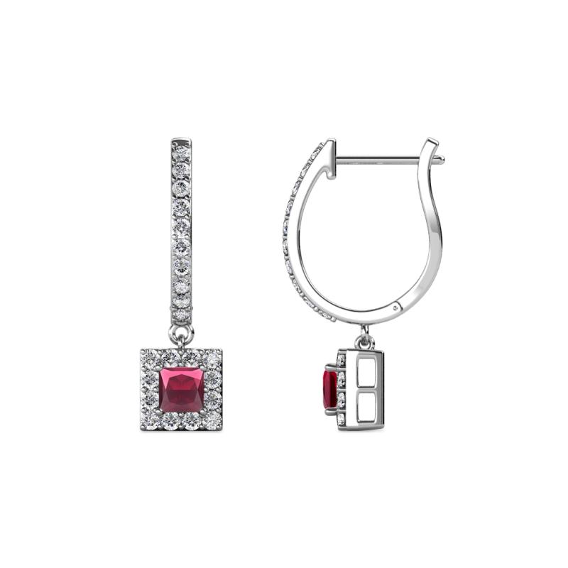 Ilona (3.5mm) Princess Cut Rhodolite Garnet and Round Diamond Halo Dangling Earrings 