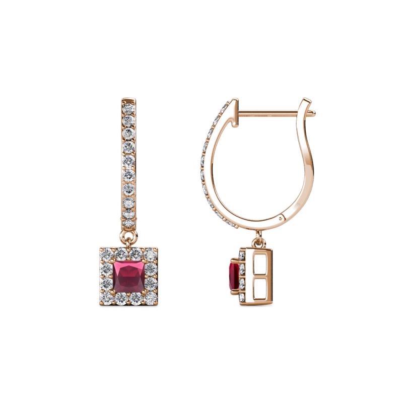 Ilona (3.5mm) Princess Cut Rhodolite Garnet and Round Diamond Halo Dangling Earrings 