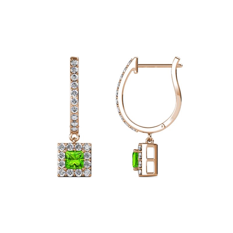 Ilona (3.5mm) Princess Cut Peridot and Round Diamond Halo Dangling Earrings 