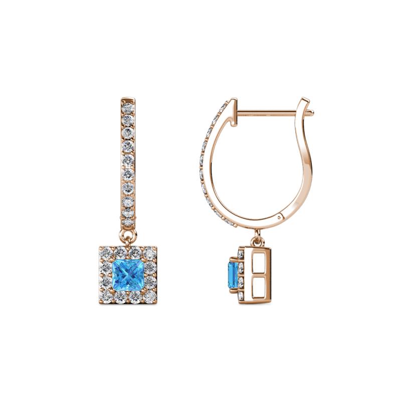 Ilona (3.5mm) Princess Cut Blue Topaz and Round Diamond Halo Dangling Earrings 