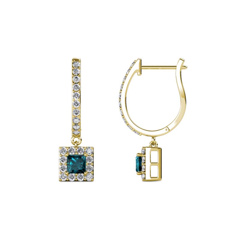 Ilona (3.5mm) Princess Cut London Blue Topaz and Round Diamond Halo Dangling Earrings 