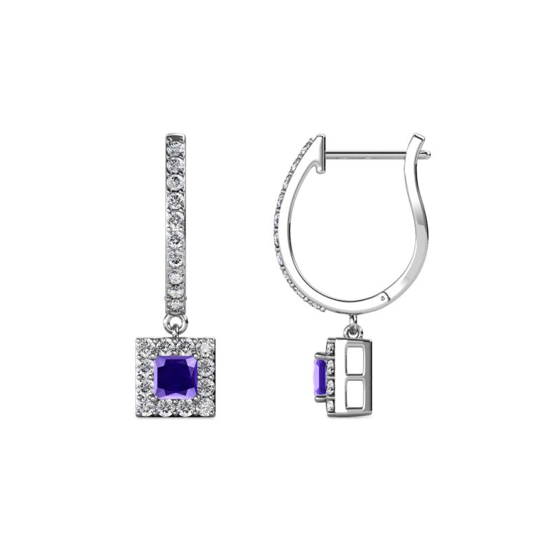 Ilona (3.5mm) Princess Cut Iolite and Round Diamond Halo Dangling Earrings 