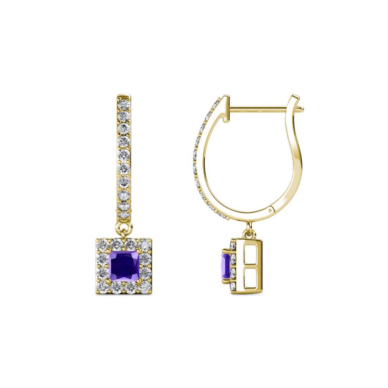 Ilona (3.5mm) Princess Cut Iolite and Round Diamond Halo Dangling Earrings 