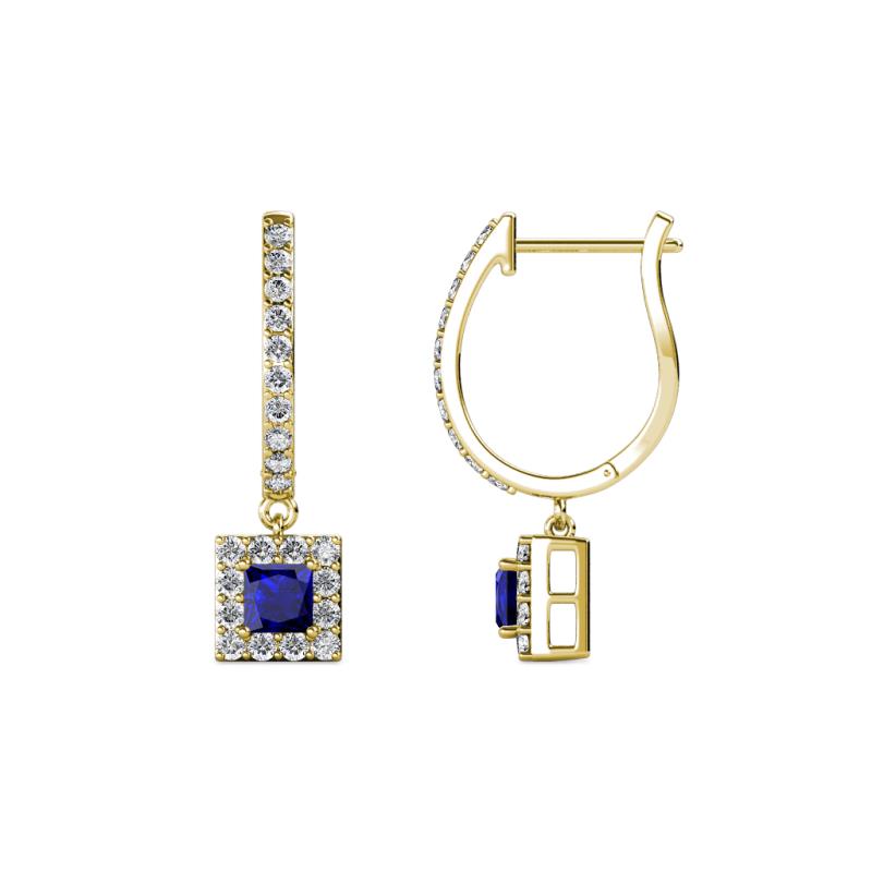 Ilona (3.5mm) Princess Cut Blue Sapphire and Round Diamond Halo Dangling Earrings 