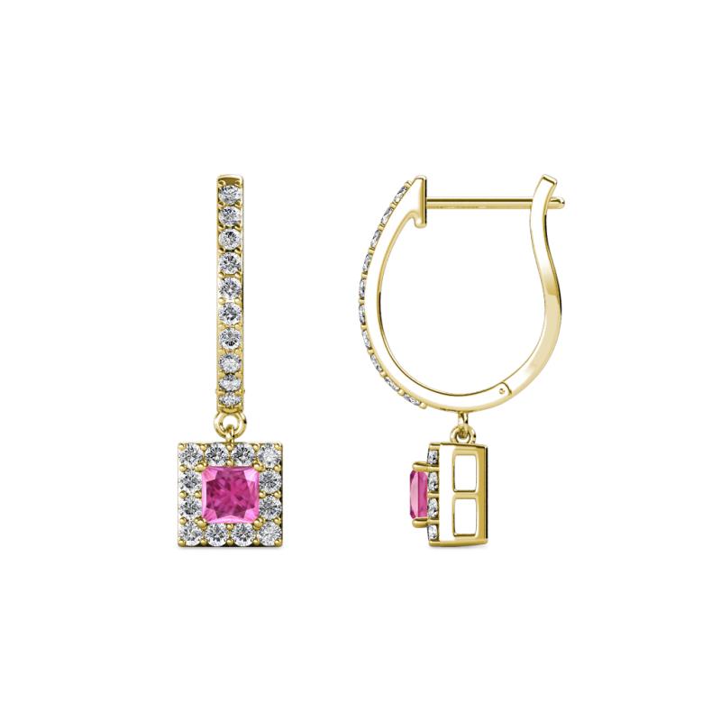 Ilona (3.5mm) Princess Cut Pink Sapphire and Round Diamond Halo Dangling Earrings 