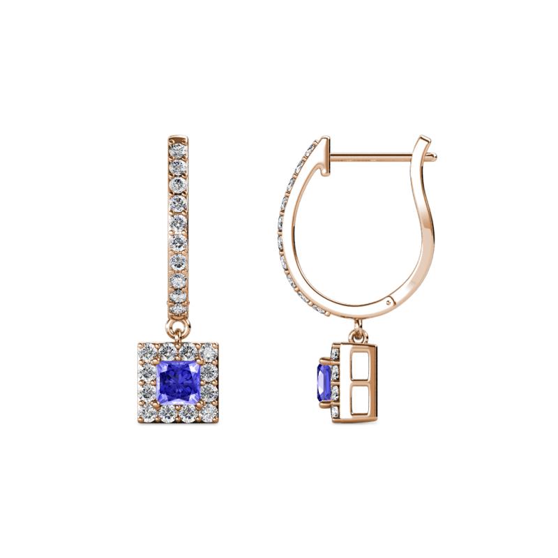 Ilona (3.5mm) Princess Cut Tanzanite and Round Diamond Halo Dangling Earrings 