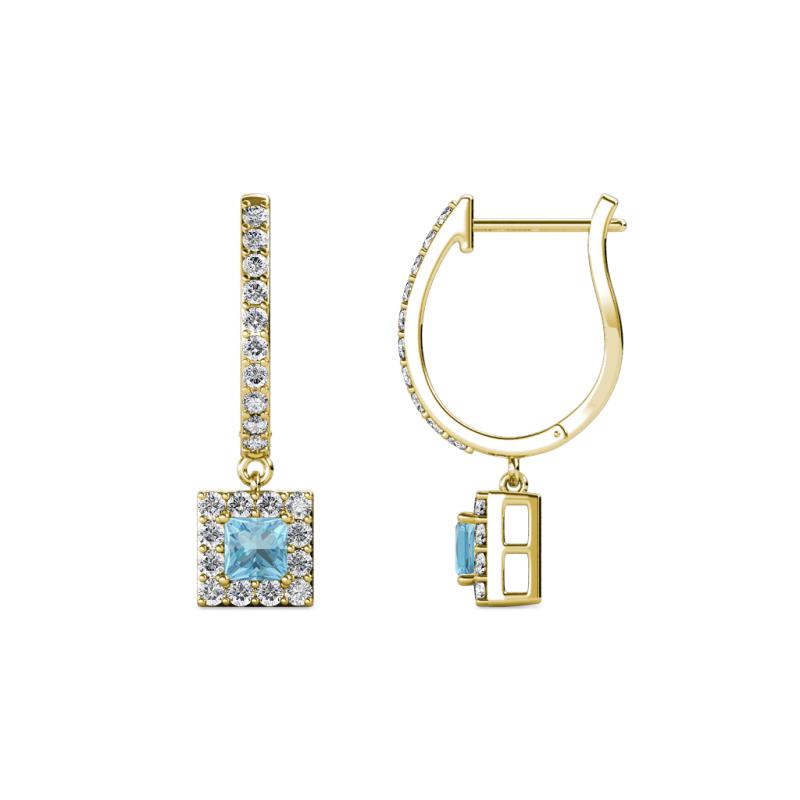 Ilona (3.5mm) Princess Cut Aquamarine and Round Diamond Halo Dangling Earrings 