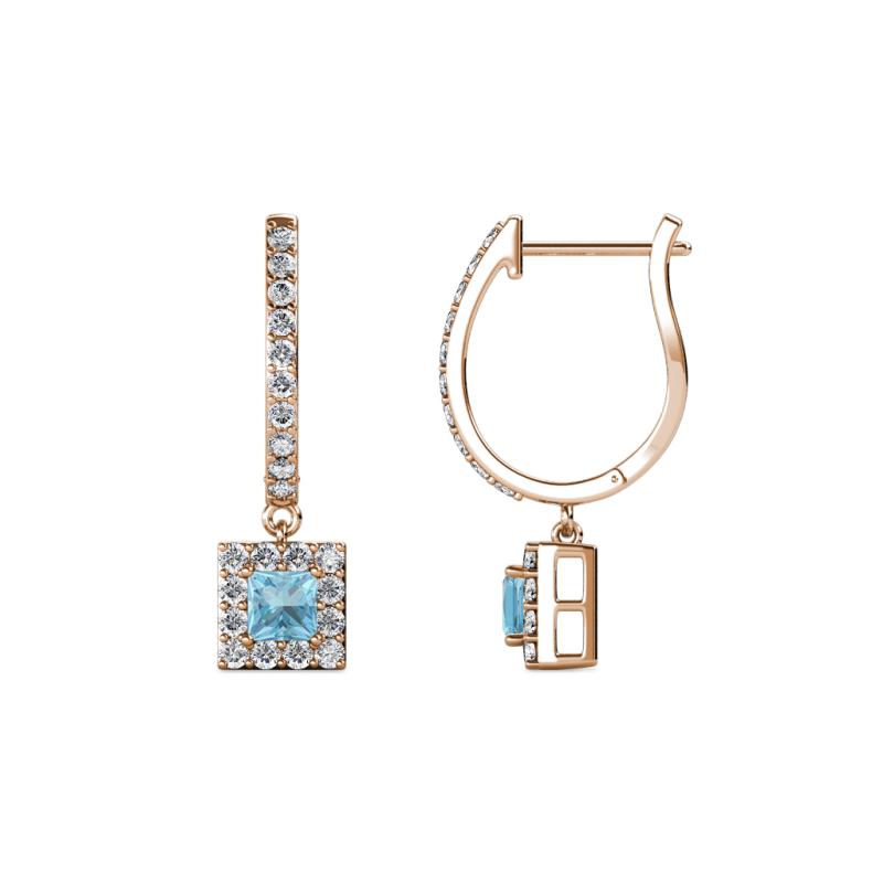 Ilona (3.5mm) Princess Cut Aquamarine and Round Diamond Halo Dangling Earrings 