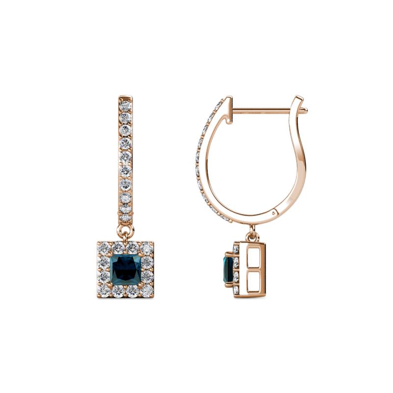 Ilona (3.5mm) Princess Cut Blue Diamond and Round White Diamond Halo Dangling Earrings 