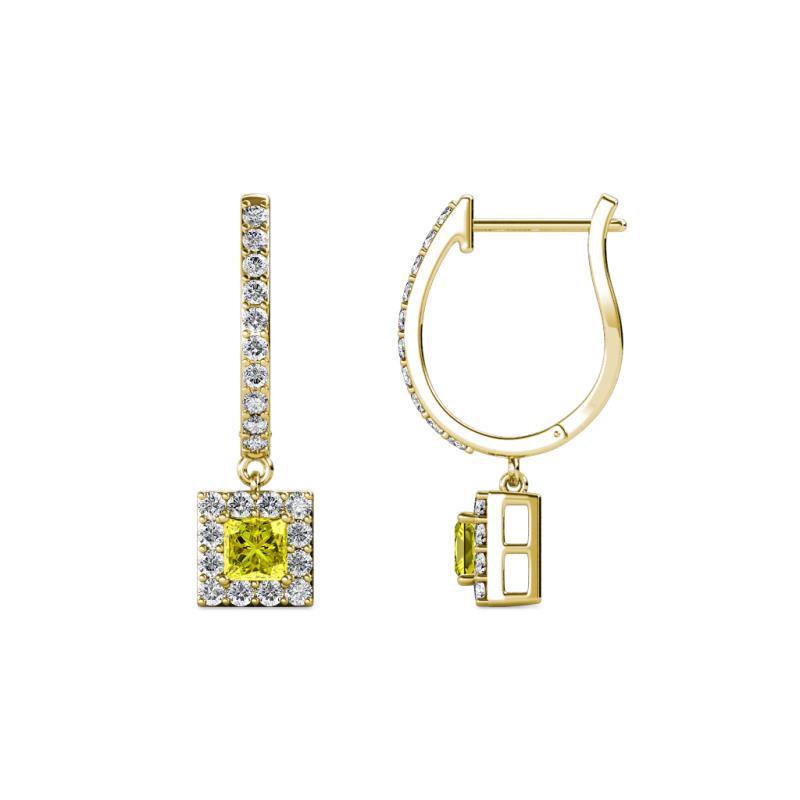 Ilona (3.5mm) Princess Cut Yellow Diamond and Round White Diamond Halo Dangling Earrings 