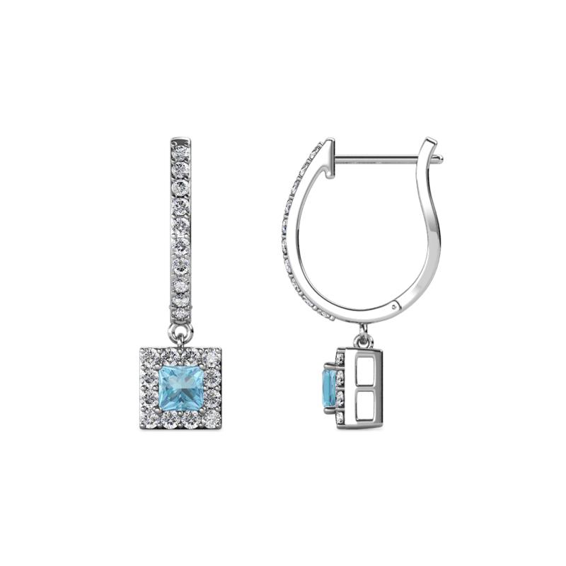 Ilona (3.5mm) Princess Cut Aquamarine and Round Diamond Halo Dangling Earrings 