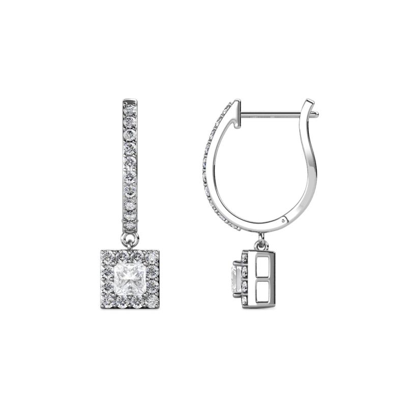Ilona (3.5mm) Princess Cut White Sapphire and Round Diamond Halo Dangling Earrings 