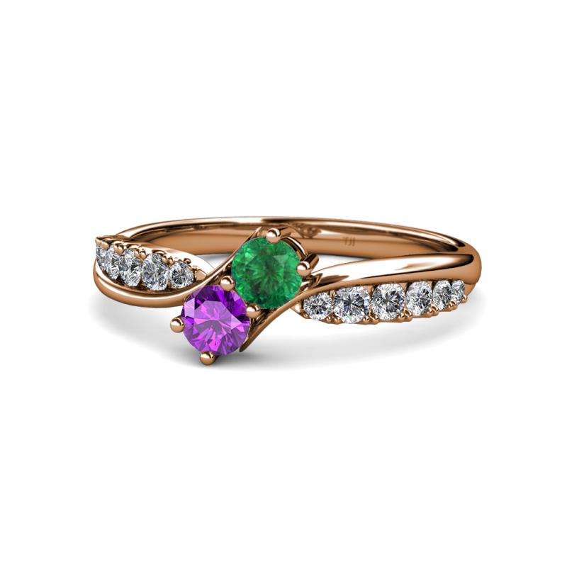 Nicia Amethyst and Emerald with Side Diamonds Bypass Ring 