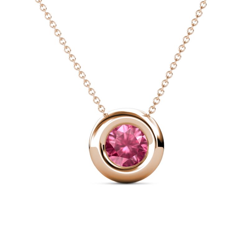 Arela 6.50 mm Round Pink Tourmaline Donut Bezel Solitaire Pendant Necklace 