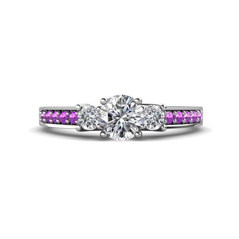 Valene Diamond Three Stone with Side Amethyst Ring 