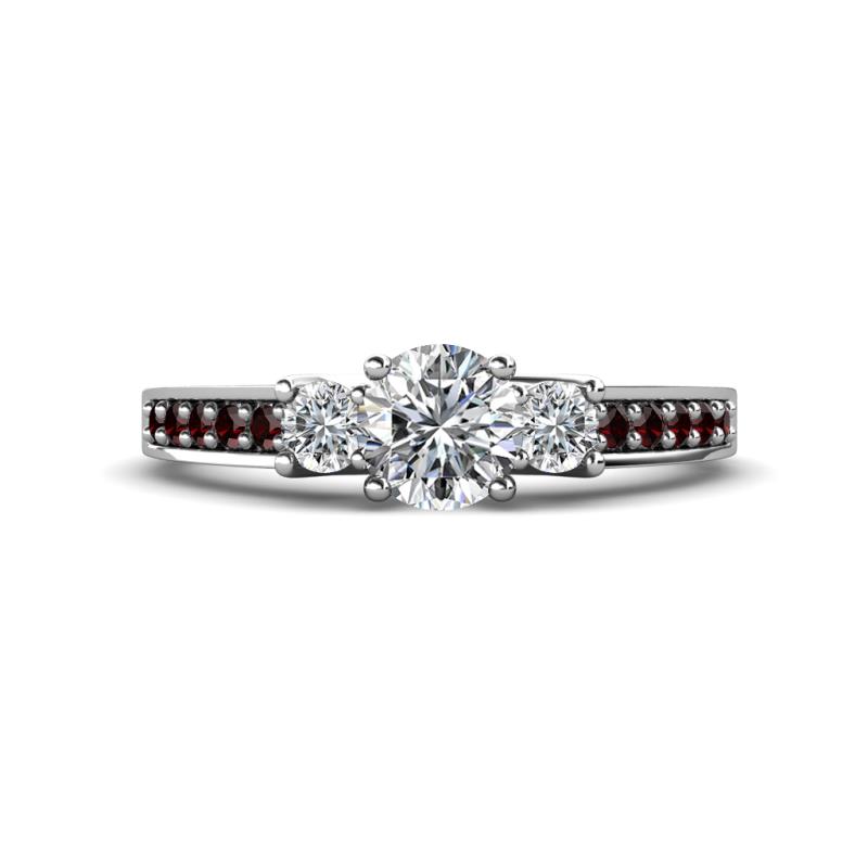 Valene Diamond Three Stone with Side Red Garnet Ring 
