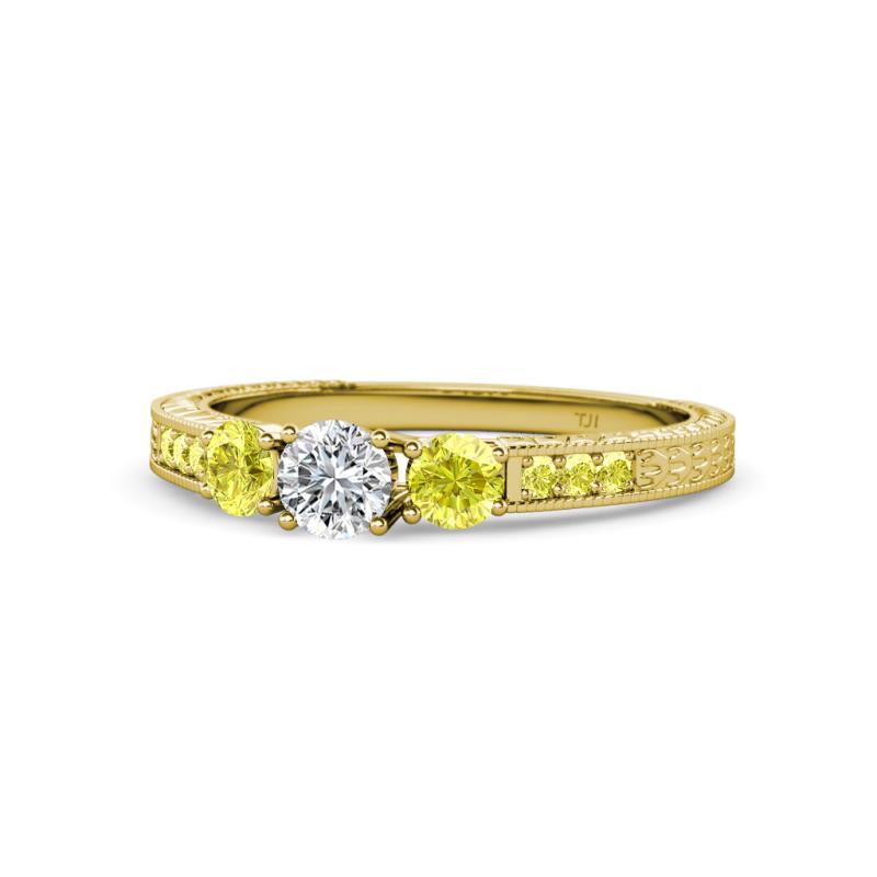 Ayaka Yellow and White Diamond Three Stone with Side Yellow Diamond Ring 