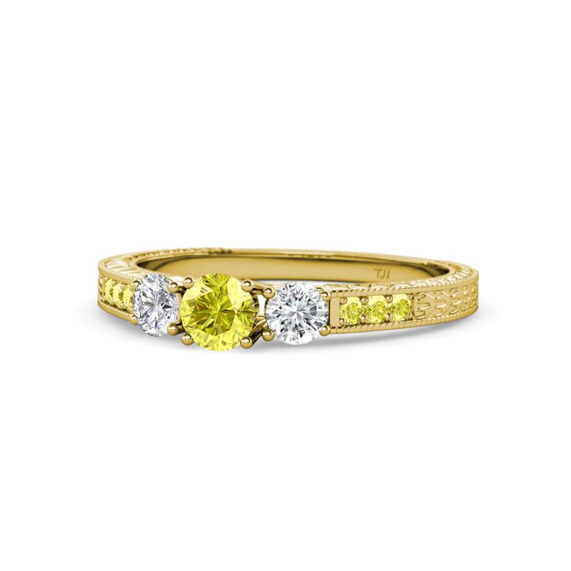Ayaka Yellow and White Diamond Three Stone with Side Yellow Diamond Ring 