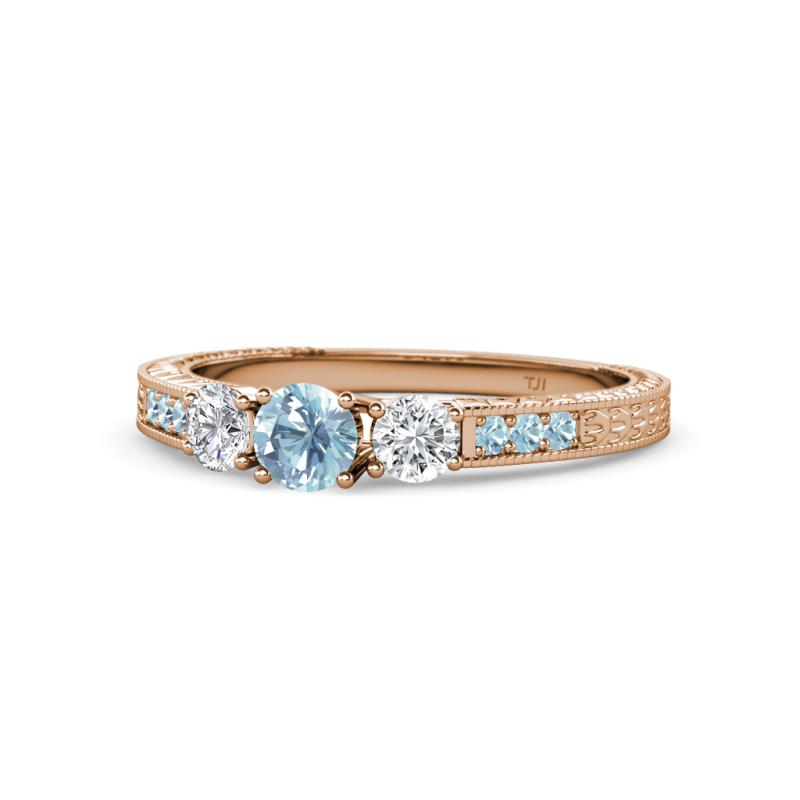 Ayaka Aquamarine and Diamond Three Stone with Side Aquamarine Ring 