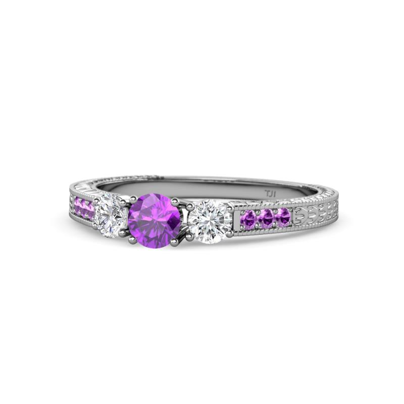 Ayaka Amethyst and Diamond Three Stone with Side Amethyst Ring 