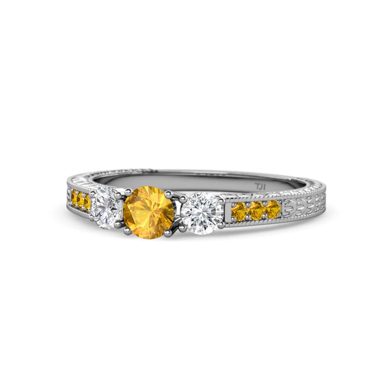 Ayaka Citrine and Diamond Three Stone with Side Citrine Ring 